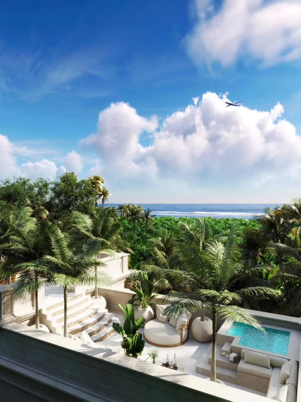 A rooftop terrace with a pergola and loungers, the Indian Ocean beyond the palms. Artist's impression.
