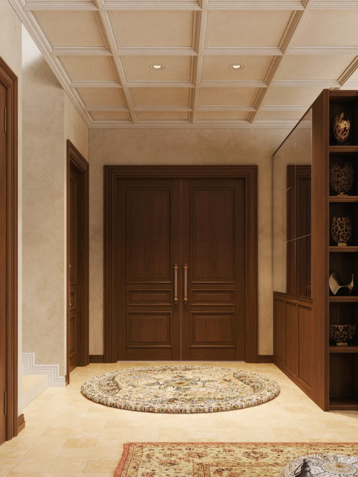 The entrance hall: double doors, a round rug, lanterns. Artist's impression.