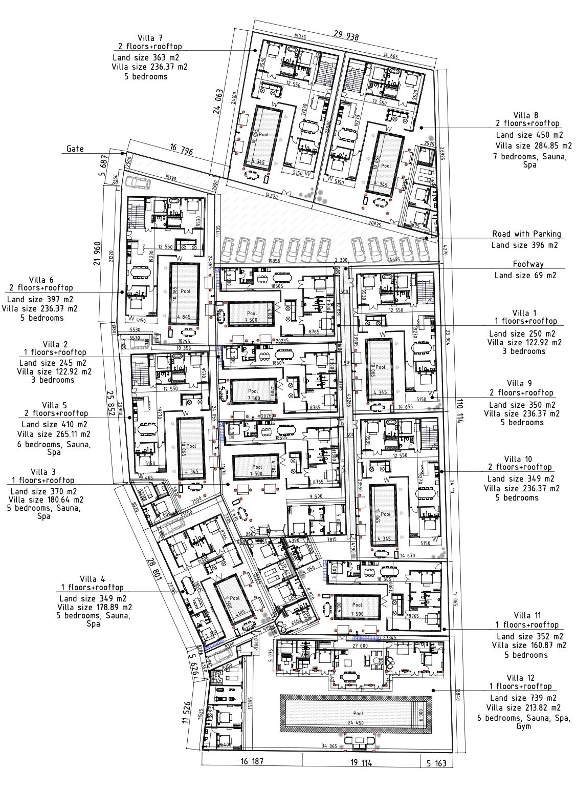 The architect's site plan of Royale Residence showing twelve villa plots, pools, the gate and the parking road.
