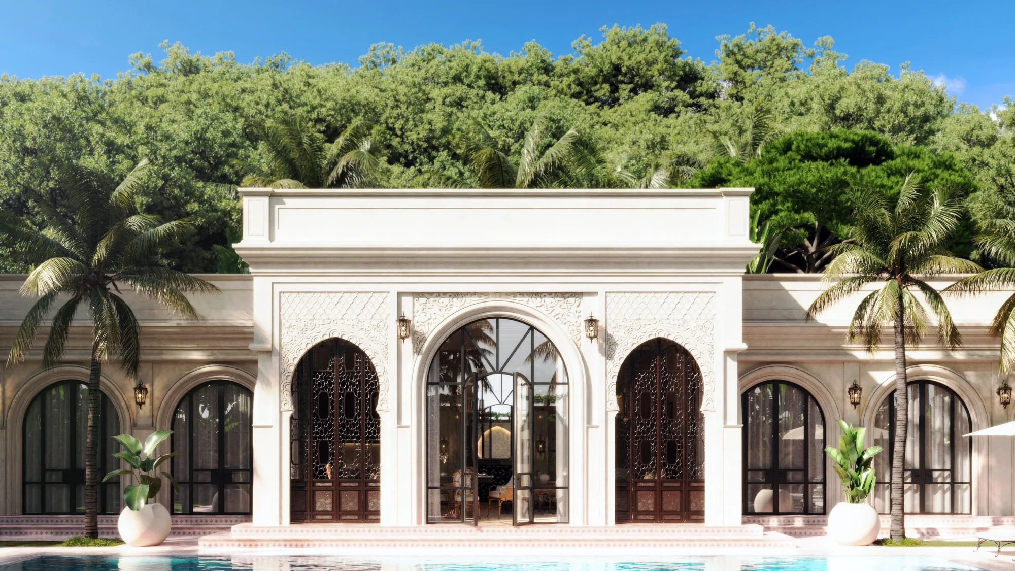 A one-storey Royale villa facade with a central arch and rooftop parapet. Artist's impression.