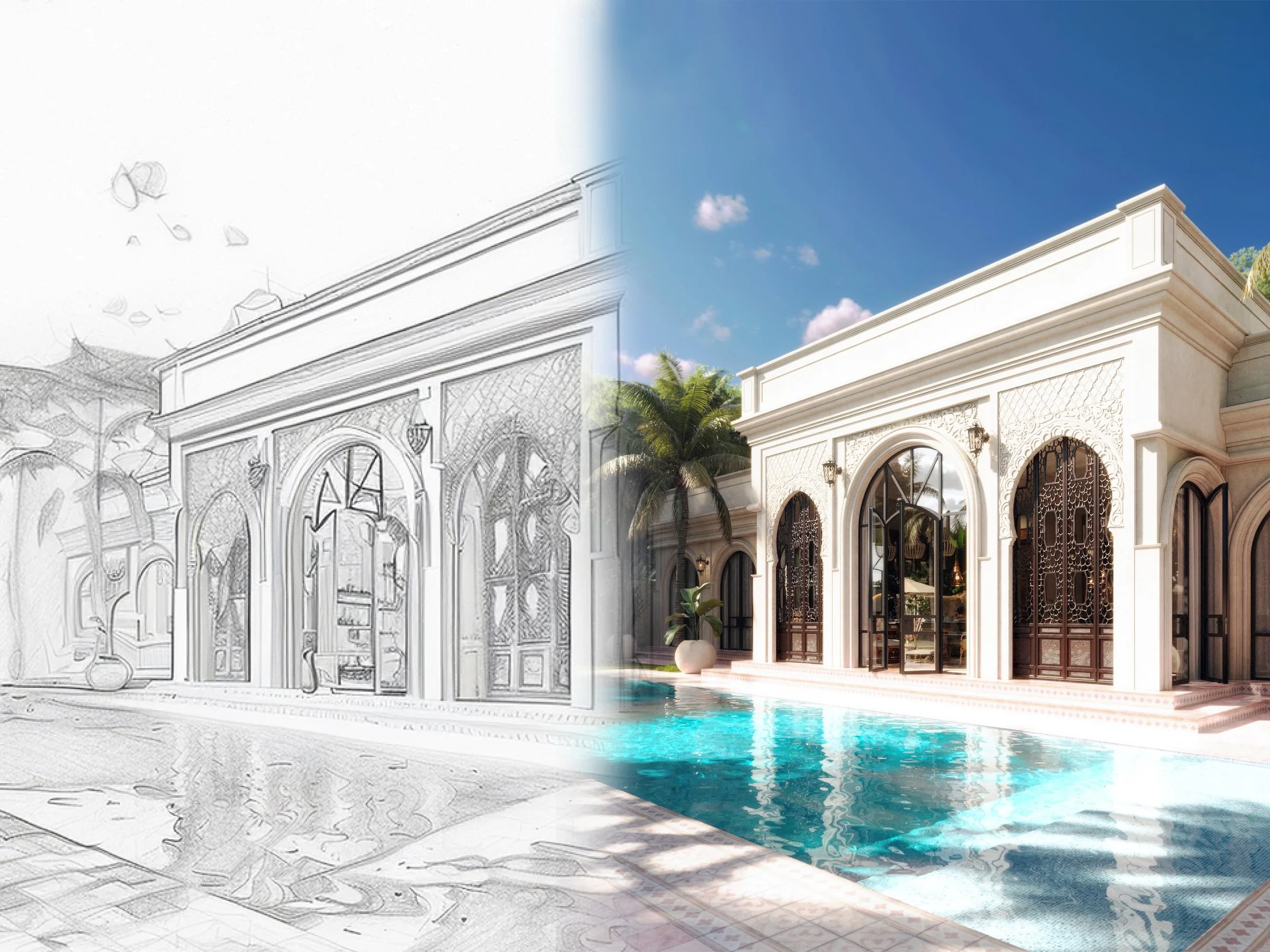 The architect's pencil sketch of the villa facade, with the finished render beside it. Artist's impression.