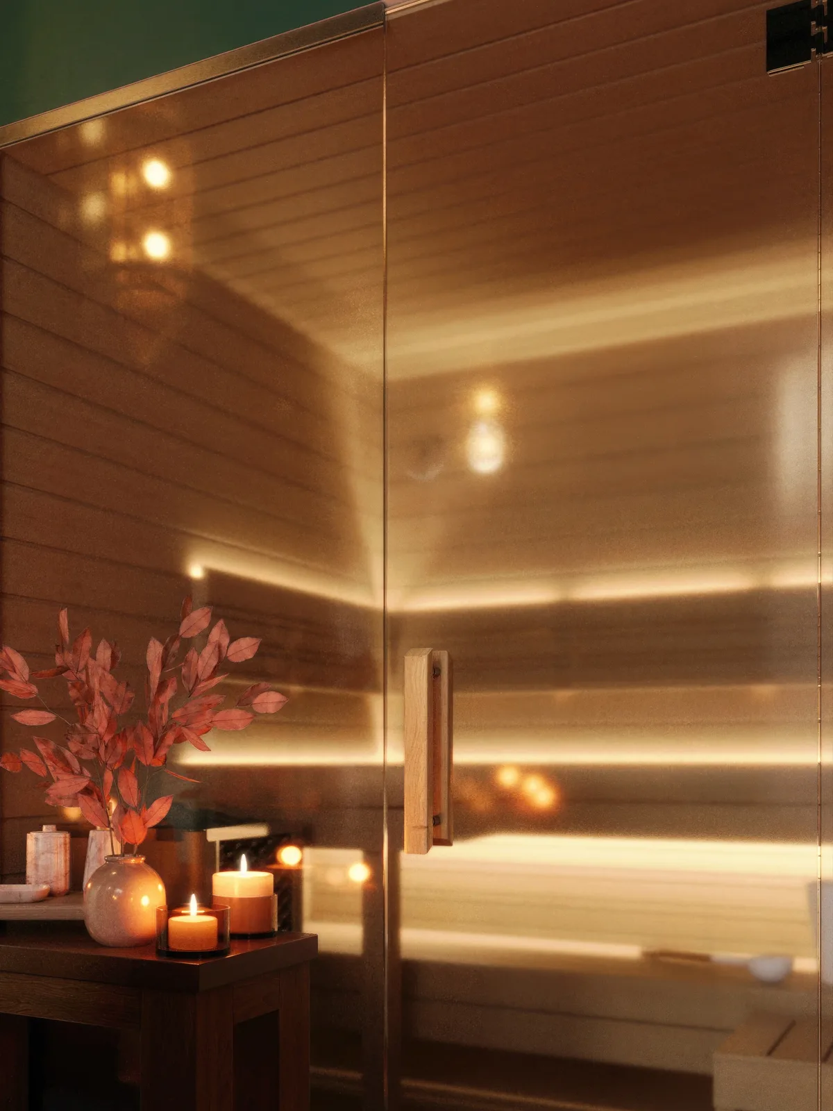A cedar sauna behind glass, a candle table in front. Artist's impression.