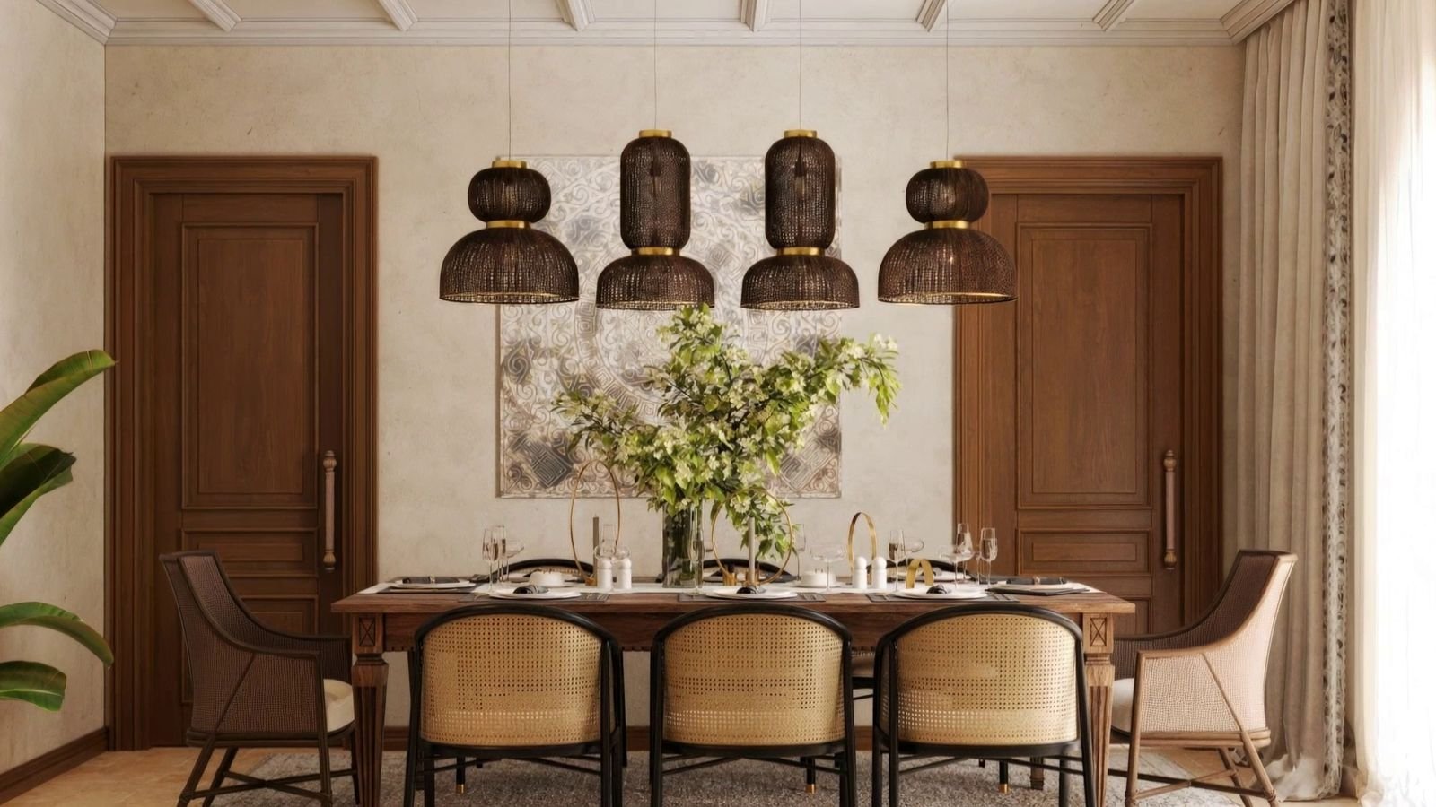 The dining hall with a cream coffered ceiling and four Moroccan lanterns over a long table. Artist's impression.