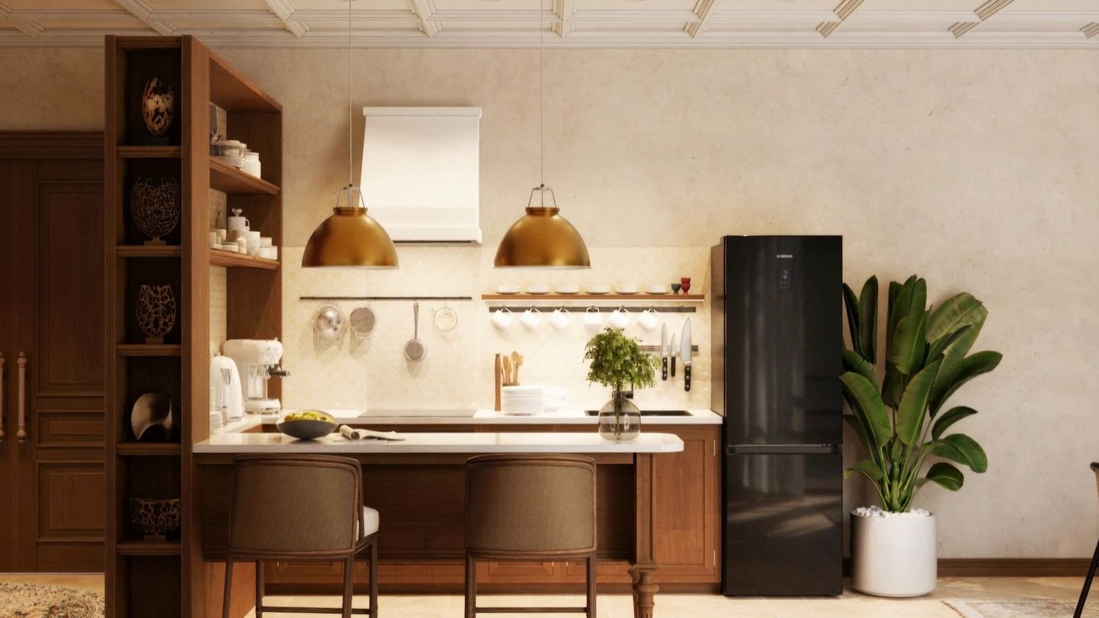 The kitchen: a long wooden island, brass lamps, open shelves. Artist's impression.