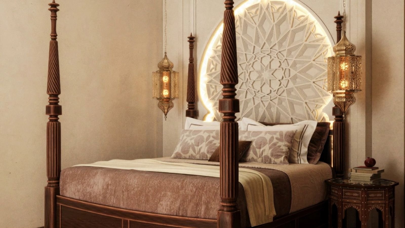 The master suite with a carved plaster arch behind the bed. Artist's impression.