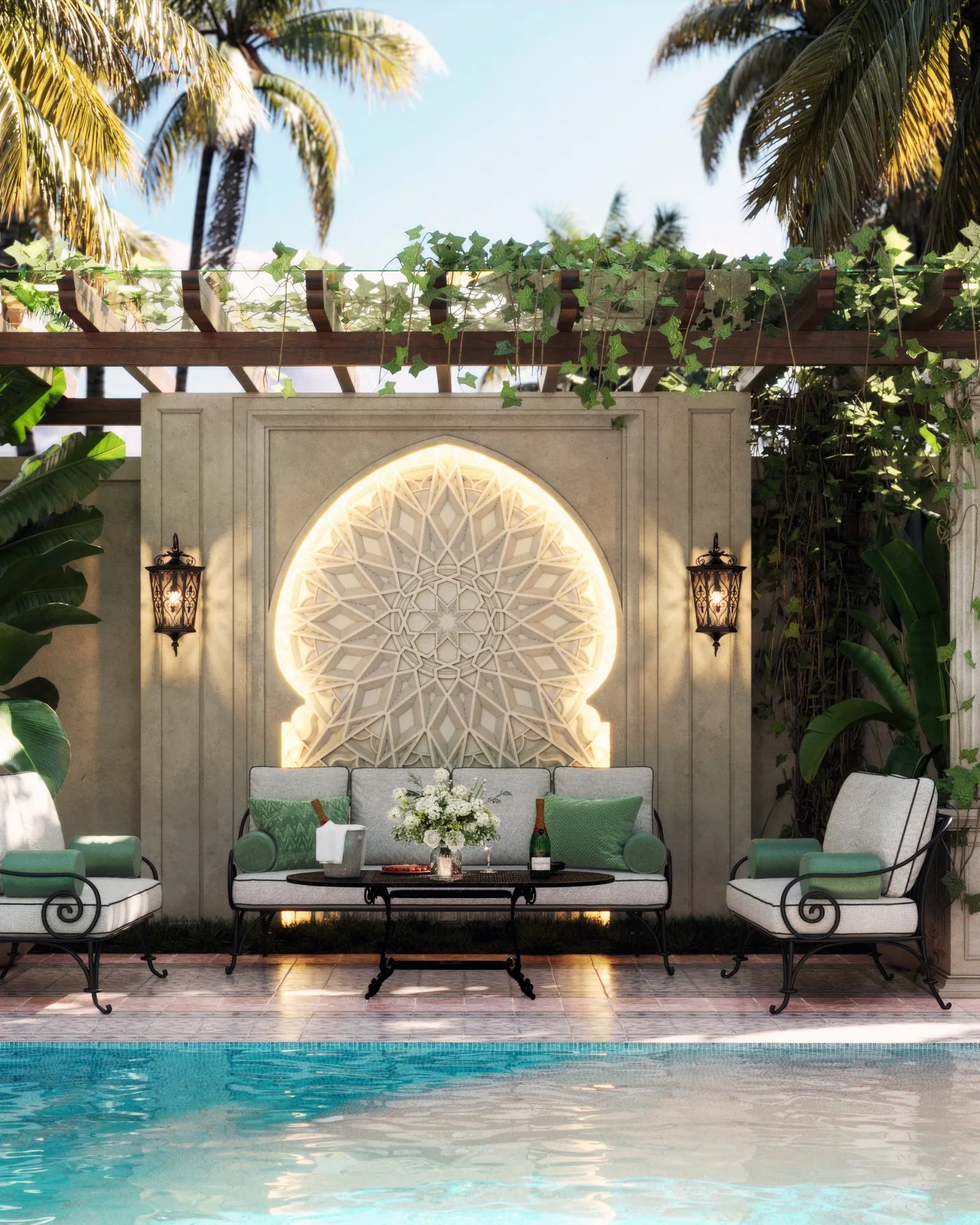 A pergola over a lit carved plaster niche beside the pool, the ceremony backdrop. Artist's impression.